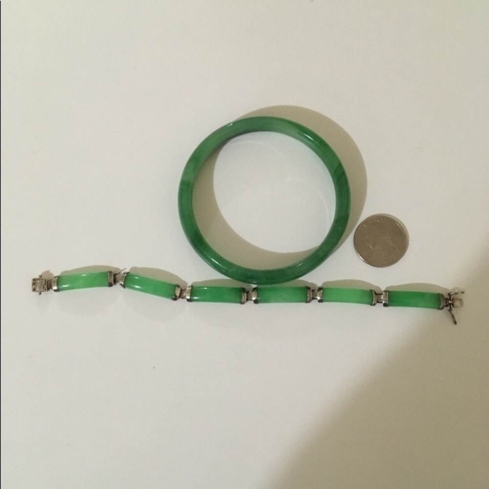 Green jade bracelets. One is silver w/jade.
